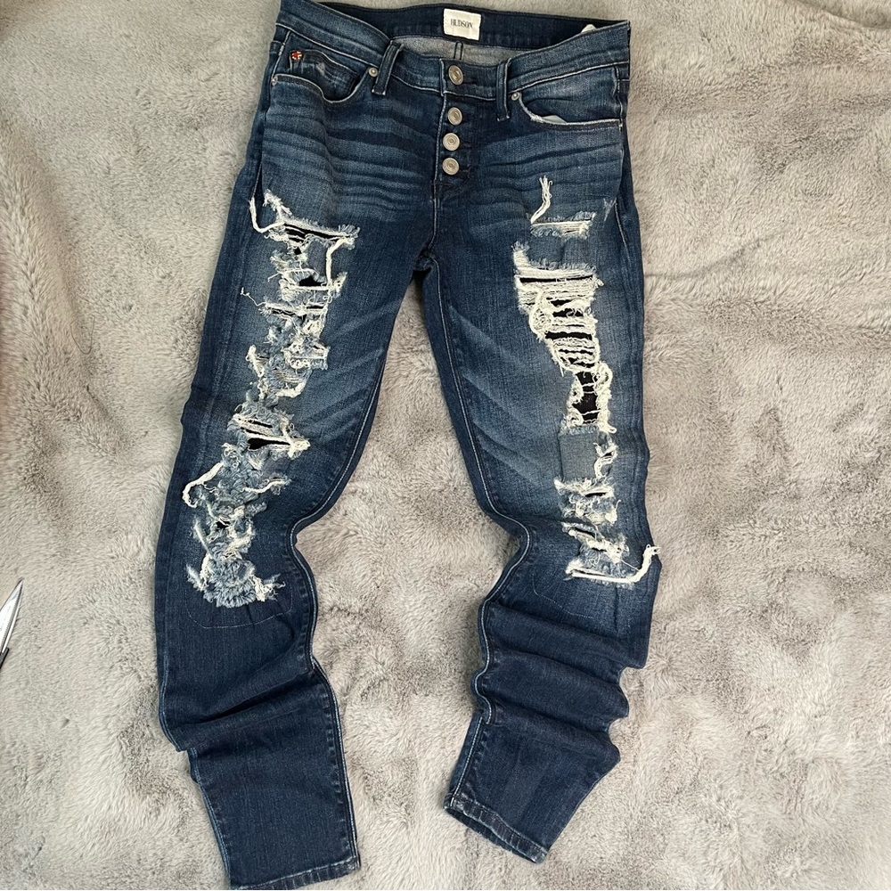 Hudson Jeans Size 26 Distressed Button Fly Skinny Blue Thermal Backed Rips